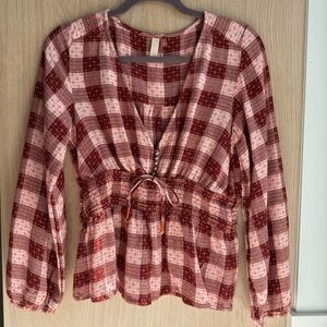 Anthro Pilcro Plaid Deep V Long Sleeve Blouse